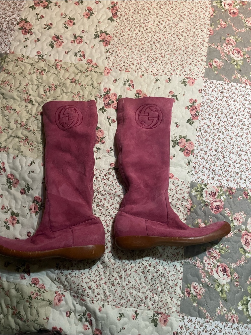 Gucci Magenta Suede Knee-High Logo Boots